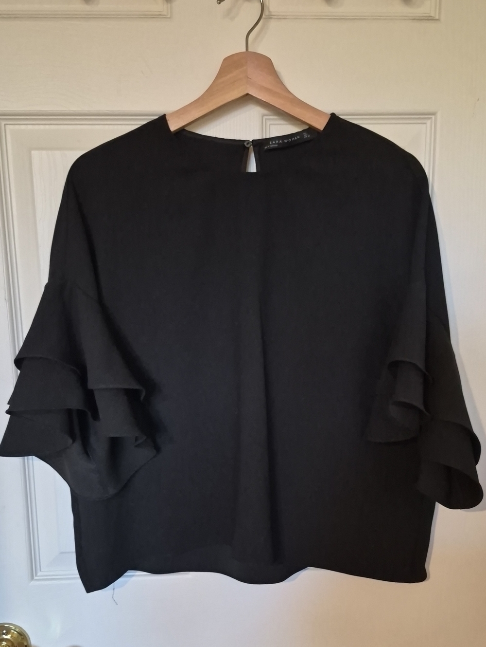 ZARA Minimalist Black Round Neck Statement Ruffle Sleeve Blouse - L